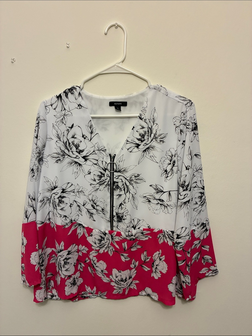 Alfani Black White Floral Blouse with Pink Hem